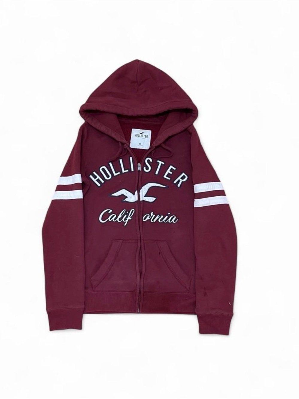 Hollister Kids Maroon Full-Zip Hoodie with White Sleeve Stripes